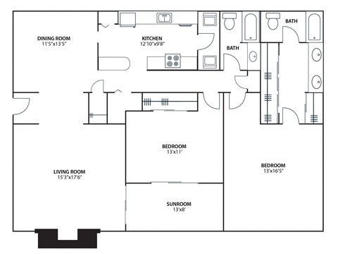 Floor plan for 2 beds, 2 baths, 1475 sqft